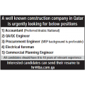A well known construction company in Qatar is urgently looking for the Following positions  تبحث شركة إنشاءات معروفة في قطر بشكل عاجل عن الوظائف التالية