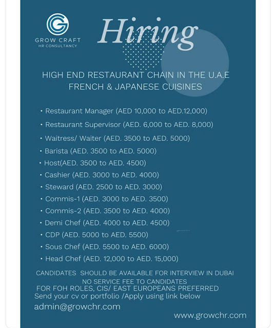 Hiring GROW CRAFT HR CONSULTANCY HIGH END RESTAURANT CHAIN IN THE U.A
